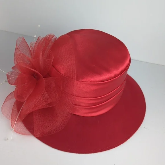 VINTAGE Women's Red Wool Satin Kentuky Derby Easter Church Hat - Picture 7 of 7